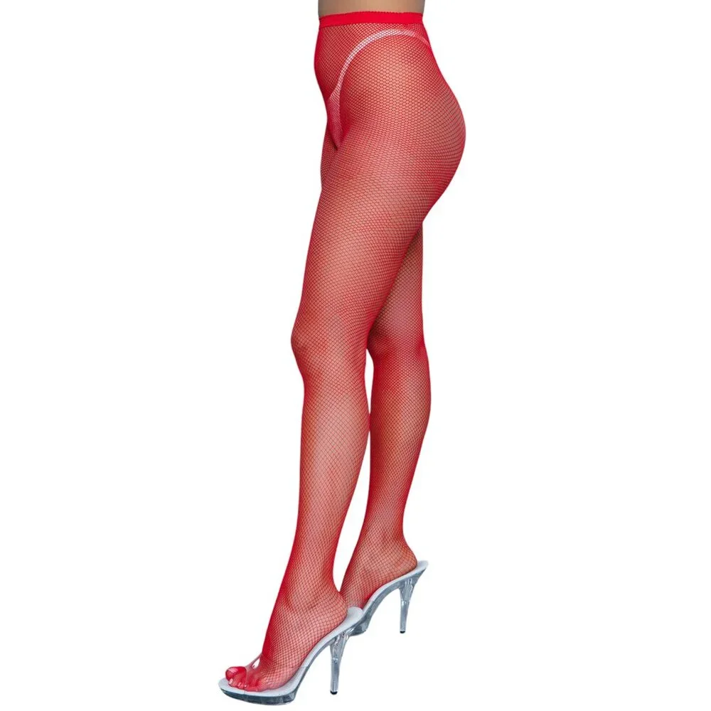 High Waisted Fishnet Pantyhose - Red